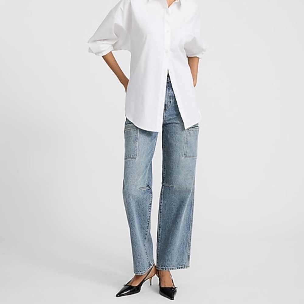 High Waisted Light Wash Cargo Relaxed Straight Jeans